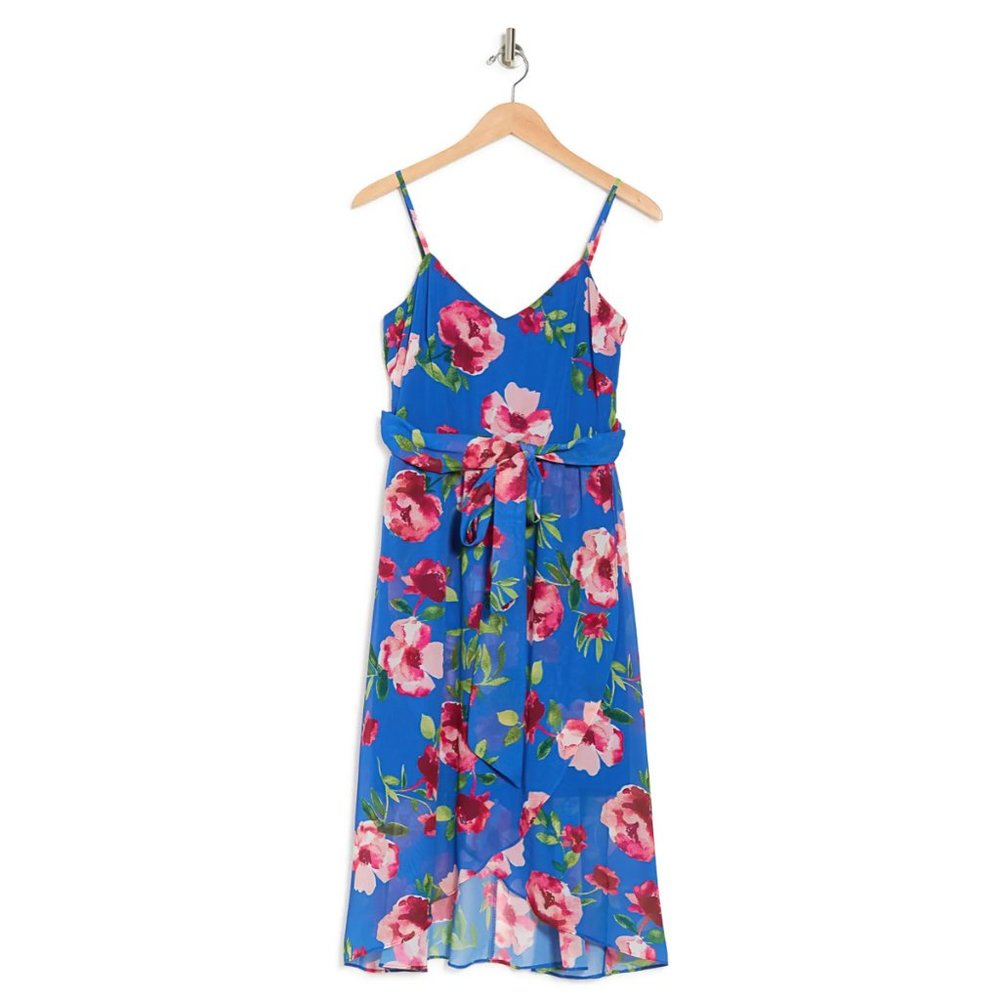 VINCE CAMUTO NWT Chiffon Spaghetti Strap Floral Print Dress In Blue Multi